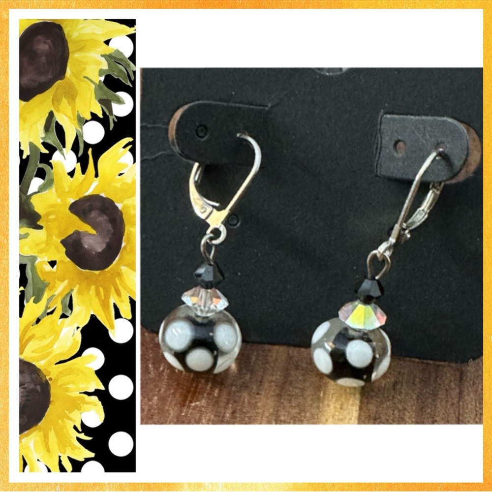 Glass Black/White with AB & Crystals. Lever Back Earrings. Silver …